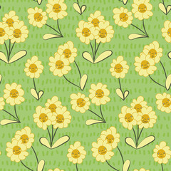 Smiling flowers childish seamless vector pattern in green and yellow. Cute surface print design. Great for fabrics, wrapping paper, cards.