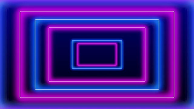 Loop of neon light colorful blue pink square rectangle frame zoom effect. Futuristic disco techno 3D loop blue pink laser light frame stage seamless loop background