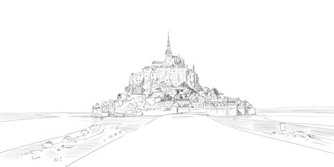 Mont Saint Michel. France. Urban sketch. Hand drawn vector illustration