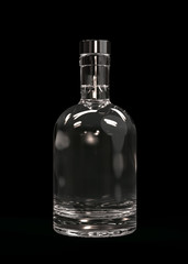 Clear White Glass Vodka, Gin, Liquor or Tequila Bottle with Clear Liquid and Cap. 3D Render Isolated on Black Background.