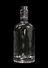 Transparent White Glass Vodka, Gin, Tequila or Liquor Bottle Isolated on Black Background. 3D Render.