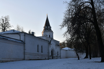 Fototapeta na wymiar winter frosty morning overlooking an old estate with a church