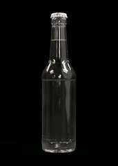 Clear White Glass Bottle Long Neck with Liquid. 12 oz (11 oz) or 355 ml (330 ml) of Volume. 3D Render Isolated on Black Background.