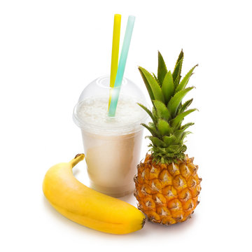 Milkshake With Pineapple And Banana, Isolated On White Background