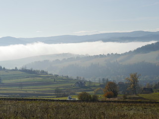 barwy jesieni w górach. panorama Pienin we mgle - 321647782