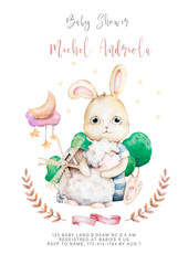 Hand drawn watercolor happy easter set with bunnies with sheep and mill design. Rabbit bohemian cartoon style, isolated boho illustration on white background