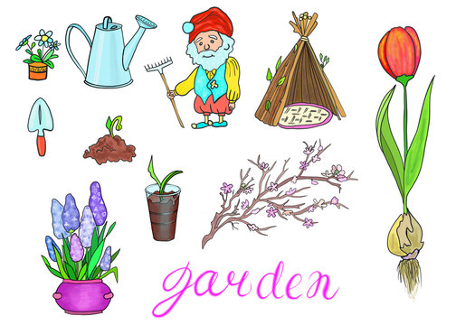 A garden set, isolated on white background. Hand drawn digital pots, flowers, blooming cherry tree branch, dwarf with rake, tulip.