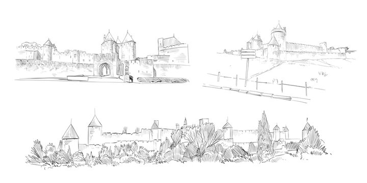 Carcassonne Fortress. France. Hand drawn sketch. Vector illustration.