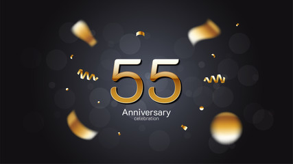 55th anniversary celebration Gold numbers editable vector EPS 10 shadow and sparkling confetti with bokeh light black background. modern elegant design for wedding party or company event decoration