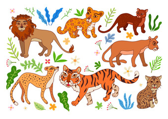 Set of wild cats. Vector cartoon exotic animals