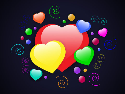 Bright colored voluminous hearts and multi-colored confetti curlicues on a dark gradient.