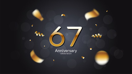 67th anniversary celebration Gold numbers editable vector EPS 10 shadow and sparkling confetti with bokeh light black background. modern elegant design for wedding party or company event decoration