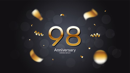 98th anniversary celebration Gold numbers editable vector EPS 10 shadow and sparkling confetti with bokeh light black background. modern elegant design for wedding party or company event decoration