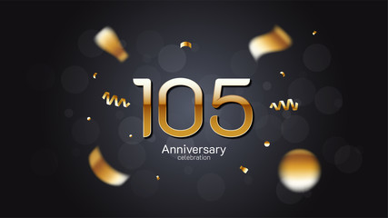 105th anniversary celebration Gold numbers editable vector EPS 10 shadow and sparkling confetti with bokeh light black background. modern elegant design for wedding party or company event decoration