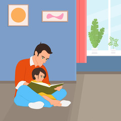 Dad and daughter are reading a book.