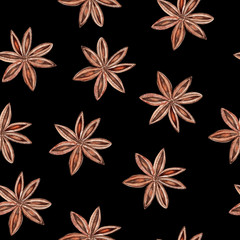 watercolor star anise seamless pattern on black background. For fabric, textile, wrapping, scrapbooking, wallpaper