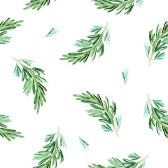 green rosemary branches watercolor seamless pattern on white background