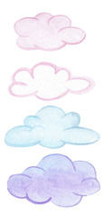 watercolor blue and pink clouds set on white background. hand painted sky elements