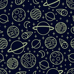 Night Sky. Outline Universe. Thin Line Stroke Planets, Moon. Minimalistic icons. Neon color graphic vector seamless pattern. Simple design. Trendy illustration. For Kids room Wallpaper or ceiling