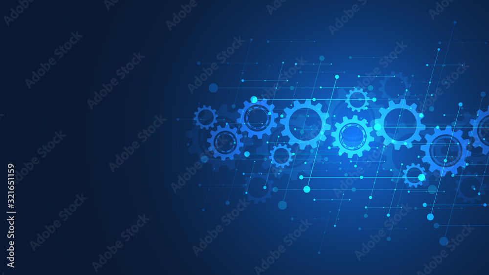 Fototapete Cogs and gear wheel mechanisms. Hi-tech digital technology and engineering. Abstract technical background.