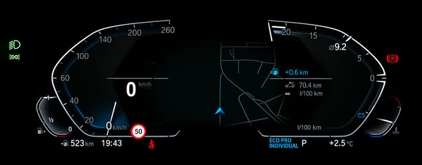 Modern fully digital LCD instrument cluster with navigation screen in center. Blue illuminated car...