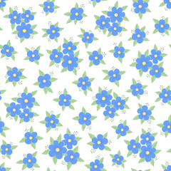 Seamless ditsy floral pattern in vector. Small blue flowers on a white background.
