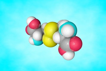 Homocystine molecule. Atoms are represented as spheres with conventional color coding: carbon (grey), oxygen (red), nitrogen (light blue), hydrogen (white), sulfur (yellow). 3d illustration