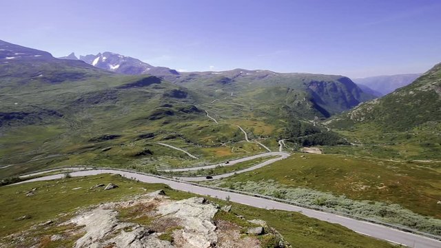 View on hairpin road from viewpoint Nedre Oscarshaug along National scenic route Sognefjellet between Skjolden and Lorn in in Western Norway.
