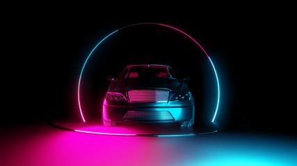 Naklejka na ściany i meble Car with neon light circle frames