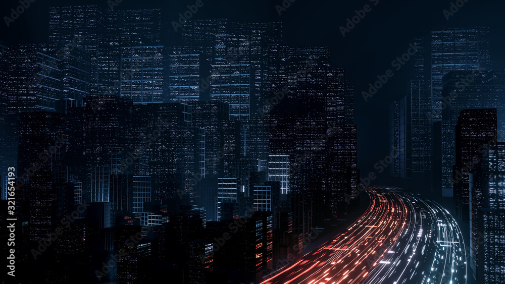 Poster 3d rendering of abstract highway path through digital binary towers in city. concept of big data, ma