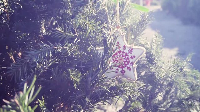 Slow motion. Little girl in red dress on Christmas tree farm.