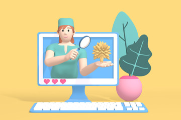 3D rendering character blogger channel medicine and science. A cartoon woman doctor, scientist in the monitor shows a virus, a bacterium. Abstract minimal concept of health, science.