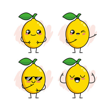 Set Cartoon of Cute Lemon Character Design, Lemon Icon Illustration Template Vector