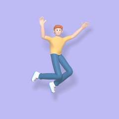 3D rendering character a young, happy, cheerful guy jumping and dancing on a purple background. Abstract minimal concept youth, college, school, happiness, success, victory.
