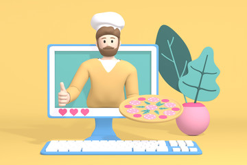 3D rendering character blogger channel photo. Cartoon guy, a man in a cook hat in the monitor shows pizza. Abstract minimal concept recipe, dish, healthy food, cooking, learning.