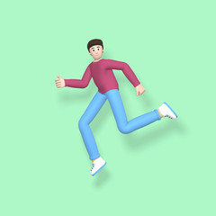 Fototapeta na wymiar 3D rendering character a young, happy, cheerful guy jumping and dancing on a green background. Abstract minimal concept youth, college, school, happiness, success, victory.