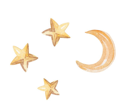 watercolor yellow moon and stars in the night sky isolated on white background. Perfect for print, wrapping paper, cards, textile