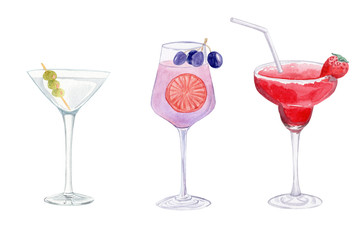 watercolor hand drawn party cocktails set with fruits and alcohol isolated on white background