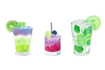 watercolor hand drawn green fruit cocktails collection isolated on white background. Alcoholic drinks set for summer party or bar menu