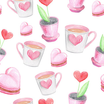 watercolor hand drawn pink hearts macarons and cups seamless pattern on white background for wrapping paper, fabric textile, valentines day decoration, scrapbooking