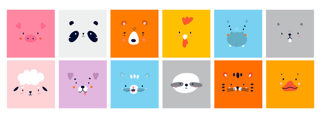 Big Set of Various Cute Animal faces without outline. Funny cartoon Muzzles. Colorful Hand drawn Vector square illustrations. All elements are isolated - obrazy, fototapety, plakaty