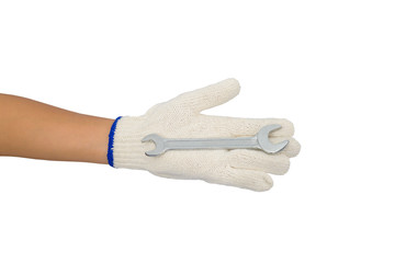 asian woman worker with protective gloves hand holding wrench isolated on white