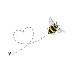 Bee flying on a dotted route heart isolated on the white background