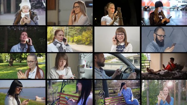 group of people talk on smartphones in various environments - face closeup, compilation (montage)