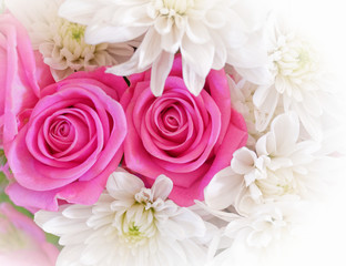 light violet colored roses and white chrysanthemums flowers bouquet top view, filtered image
