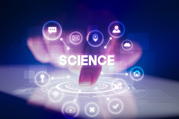 Finger touching tablet with web technology icons and SCIENCE inscription, web technology concept