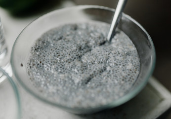 Chia Pudding in Glass Bowl in Kitchen