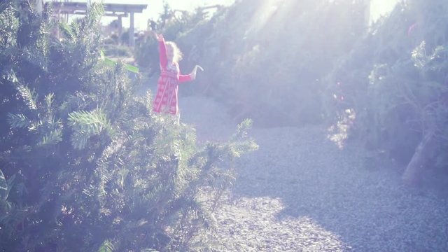 Slow motion. Little girl in red dress on Christmas tree farm.