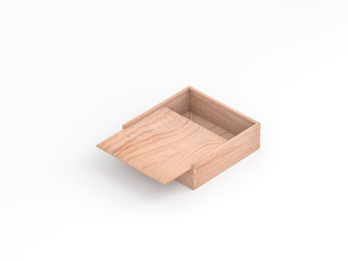 Opened square wooden box mockup, gift packaging isolated on white.