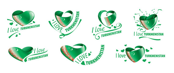 National flag of the Turkmenistan in the shape of a heart and the inscription I love Turkmenistan. Vector illustration